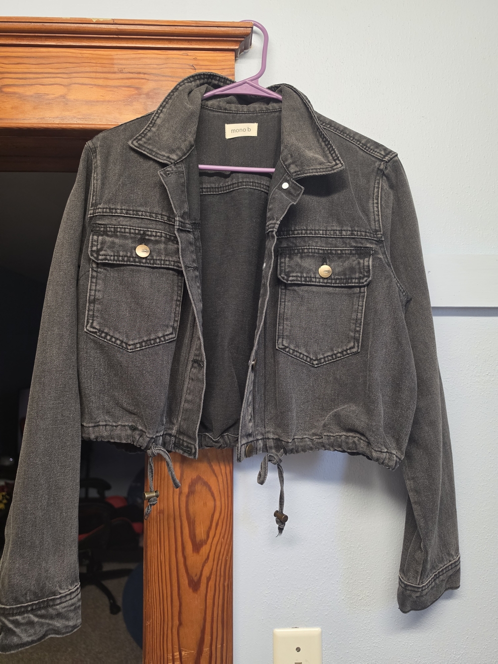 Mono B Washed Black Cropped Denim Jacket with Drawstring